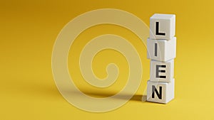 Four wooden elements arranged in stack with word LIEN on them, space for text.close up of wooden elements,