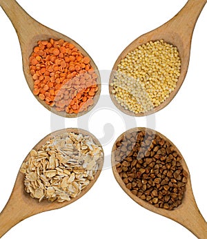 Four wooden spoons full of grains