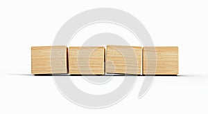 Four wooden toy cubes arranged in row on white background