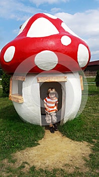 Four years old boy and toadstool house in a park