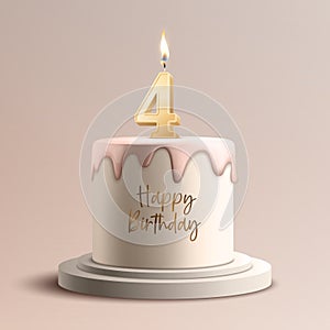 Four Years. Vector Birthday Anniversary Sweet Cake. Greeting Card, Banner with 3d Realistic Burning Golden Birthday