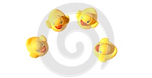 Four yellow ducks swimming