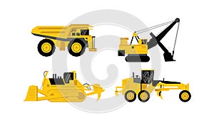 Four yellow mining vehicle set flat element isolated on white background