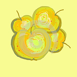 Four yellow multicolored apples on a yellow background