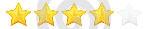 Four yellow stars glossy colors. Achievements for games. Customer rating feedback concept from client about employee of website.