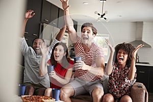 Four young adult friends watching sports on TV celebrating