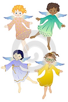 Four young angels of various ethnicities in flight isolated on white background