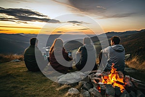 Four young campers gathered around a crackling campfire