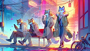 Four young fox men conversing in an urban alleyway