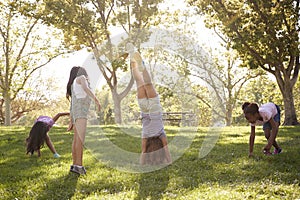 Four young girlfriends doing handstands together in a park