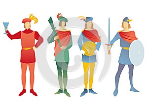 Four young men dressed in the old medieval way carrying wands, cups, golds, swords and shields. Pages of playing cards photo