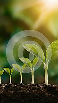 Four young plants growing in a row, vibrant green leaves, glowing with vitality