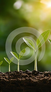 Four young plants growing in a row, vibrant green leaves, glowing with vitality