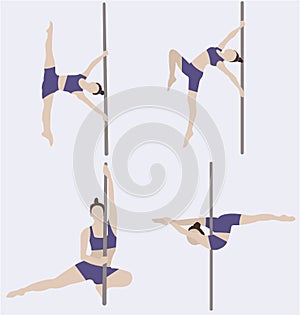 Four young sexy pole dance women. Pole training exercises