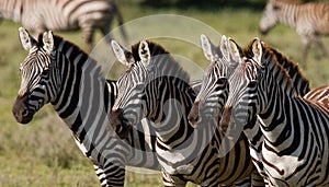 Four zebras stand together. Kenya. Tanzania. National Park. Serengeti. Maasai Mara.