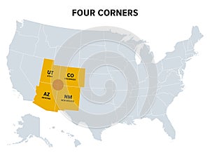 Four Corners, a region of the Southwestern United States, political map photo