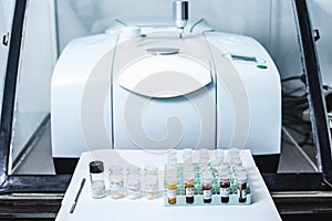 Fourier Transform Infrared Spectroscopy FTIR Instrument and Sample in Vials for Analysis