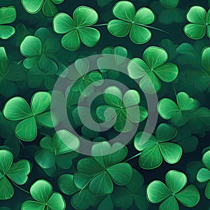 Fourleaf Green Clover On Green Background. Seamless Background