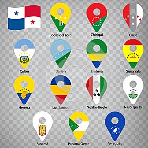 Fourteen flags the Provinces of Panama -  alphabetical order with name.  Set of 2d geolocation signs like flags Provinces of Panam