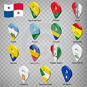 Fourteen flags the Provinces of Panama -  alphabetical order with name.  Set of  3d geolocation signs like flags Provinces of Pana