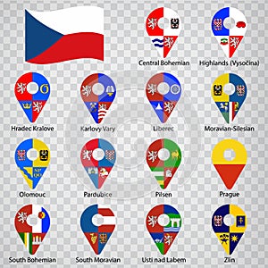 Fourteen flags the  Regions of Czech Republic -  alphabetical order with name.  Set of 2d geolocation signs like flags Regions of