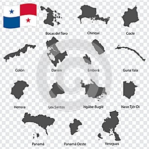 Fourteen Maps  Provinces of Panama - alphabetical order with name. Every single map of Departments  are listed and isolated with w