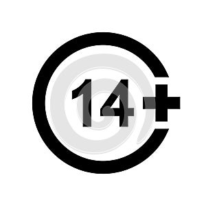 Fourteen plus icon. Number 14 in circle isolated on white background. Content age censoring symbol. Movie viewing limit