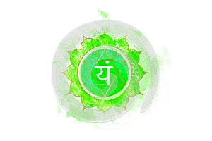 Fourth chakra of Anahata, heart chakra logo template in watercolor style. Green mandala. Hindu Sanskrit seed mantra Vam. Symbol photo