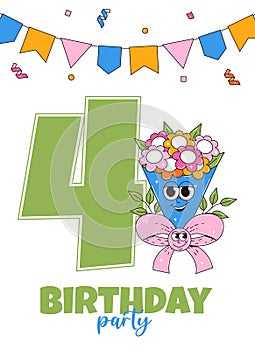 Fourth Happy Birthday party invitation in retro groovy style. Funky walking character and number 4. Vintage mascot