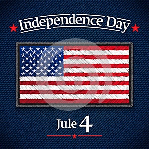 The fourth of July, American Independence Day vector greeting card. Jule 4. USA Flag on jeans fabric. Vector
