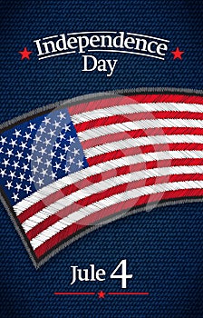 The fourth of July, American Independence Day vector greeting card. Jule 4. USA Flag on jeans fabric. Vector