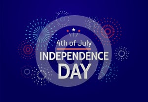 Fourth of July celebration in USA. Independence Day greeting banner with text and fireworks on blue background