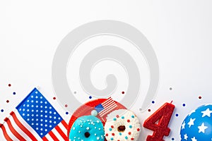 Fourth of July concept. Top view photo of US national flags number 4 candle balloon confetti and plate with glazed donuts on