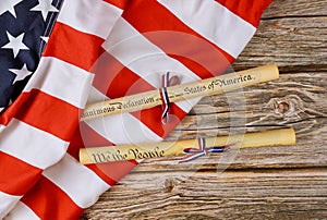 Fourth of July Day. Declaration of Independence parchment roll document with US flag