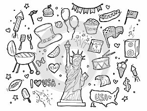 Fourth of July doodle set. National symbols of USA Independence Day, party decorations, flags and maps. Hand drawn vector