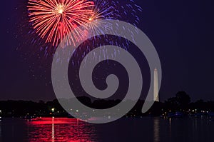 Fourth of July fireworks on the National Park tidal basin, with the Washington Monument in Washington, District of Columbia