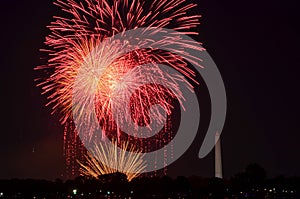 Fourth of July fireworks on the National Park tidal basin, with the Washington Monument in Washington, District of Columbia