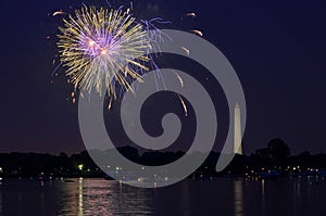 Fourth of July fireworks on the National Park tidal basin, with the Washington Monument in Washington, District of Columbia