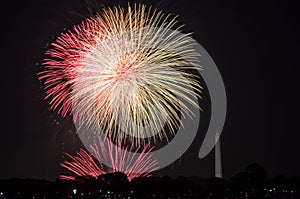 Fourth of July fireworks on the National Park tidal basin, with the Washington Monument in Washington, District of Columbia