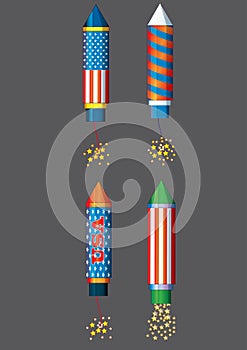 Fourth July fireworks rockets Fourth of July fireworks colorfull llustration for holiday celebration Independence day vector