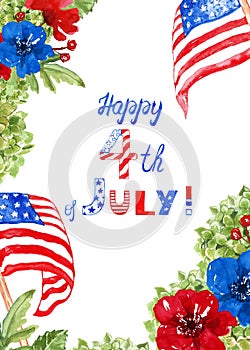 Fourth of july floral frame with US flags, red and blue flowers on white background. Patriotic decorative card