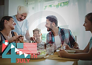 Fourth of July graphic with flags and ice cream against family dinner