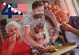 Fourth of July graphic with flags and ice cream against family eating pizza with red overlay