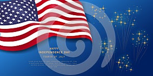 Fourth of July holiday banner on navy blue background with fireworks. American Independence Day Party poster, flyer, greeting card