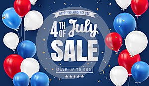 Fourth of July. Independence Day Sale Banner Design with Balloon american flag color. USA National Holiday Vector