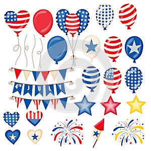 Fourth of July Independence Day symbols set. American patriotic illustration of balloons, flags, stars, fireworks and