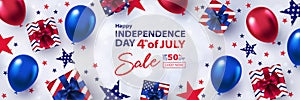 Fourth of July Sale long horizontal banner. 4th of July holiday background.