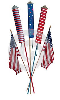 Fourth of July skyrockets and flags