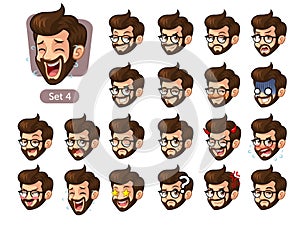 The fourth set of bearded hipster facial emotions with glasses