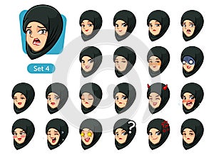 The fourth set of muslim woman in black hijab cartoon avatars